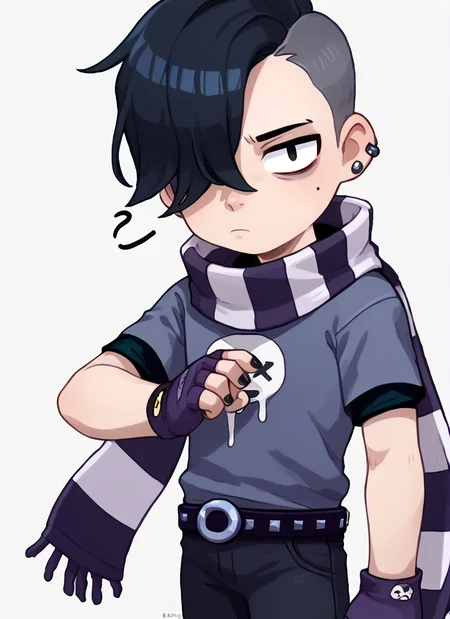 score_9, score_8_up, score_7_up, <lora:bsedgar:1>bsedgar , 1boy , short hair , black hair, hair over one eye, ear piercing, solo,striped scarf grey shirt, short sleeves, belt , black pants ,black gloves, fingerless gloves, black nails, <lora:PossumMachine:1>posmach , confused, looking at viewer, , ??? , simple background, ??,
