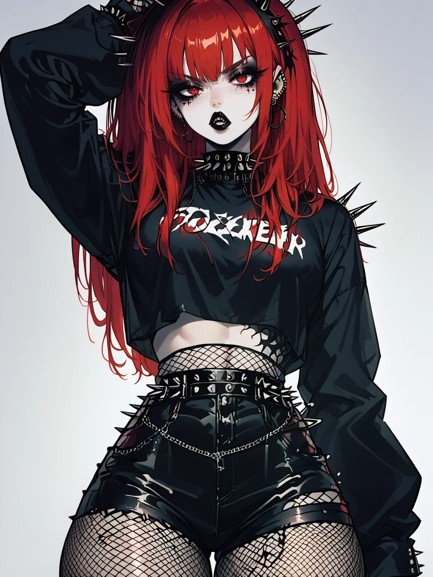 score_9, score_8_up, score_7_up, score_6_up, score_5_up, <lora:GDXLP:1> gd, 1girl, gothic, midriff, fishnet pantyhose, spikes, red hair