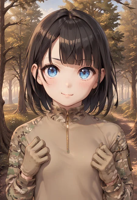 (score_9, score_8_up, score_7_up, highest score, best quality:1.2), zPDXL3, NEGATIVE_HANDS, detail1eye, handfixer, hi-res, 16k, source_anime BREAK , 1girl, short black hair, hime cut, blunt bangs, blue eyes, small breasts, standing, smirk, crossed arms BREAK G4MulticamUniform, camouflage, camouflage pants, camouflage shirt, long sleeves, zipper, brown gloves, belt, knee pads, BREAK trees, tree log, log pile, (outdoors:1.3), cowboy shot, front view, sharp colors, perfect anatomy, (detailed realistic background:1.3), (high quality:1.1), (ultra detailed:1.4), <lora:pony_good_hands:0.7>, <lora:add-detail-xl:1>, <lora:xl_more_art-full_v1:0.5>