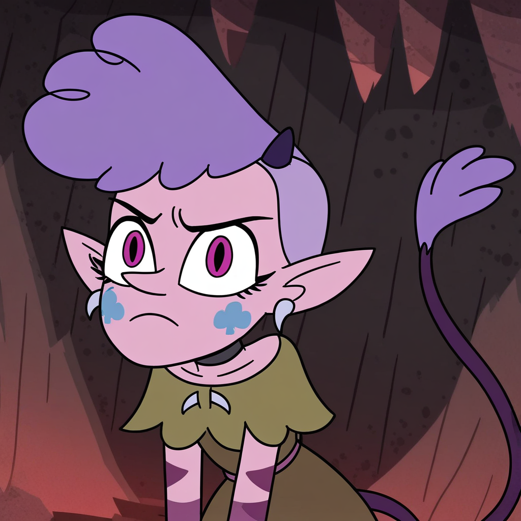 score_9, solo, meteora_sv, purple hair, pointy ears, horns, earrings, tail, choker, dress, cave,