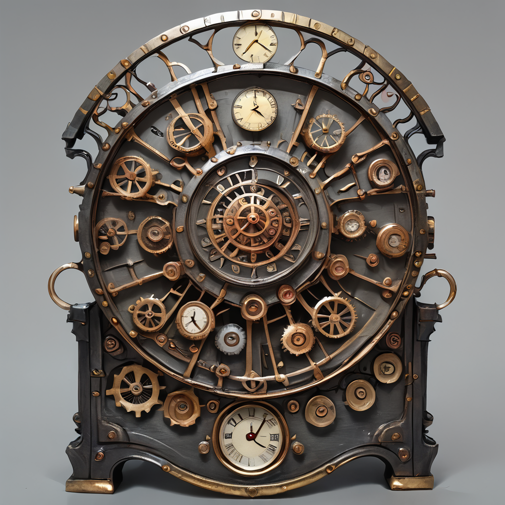 score_9, score_8_up, score_7_up,BREAK overalldetail, <lora:steampunk:0.8>,
steampunk,magitech,, no humans, simple background, still life, clock, grey background, gears,