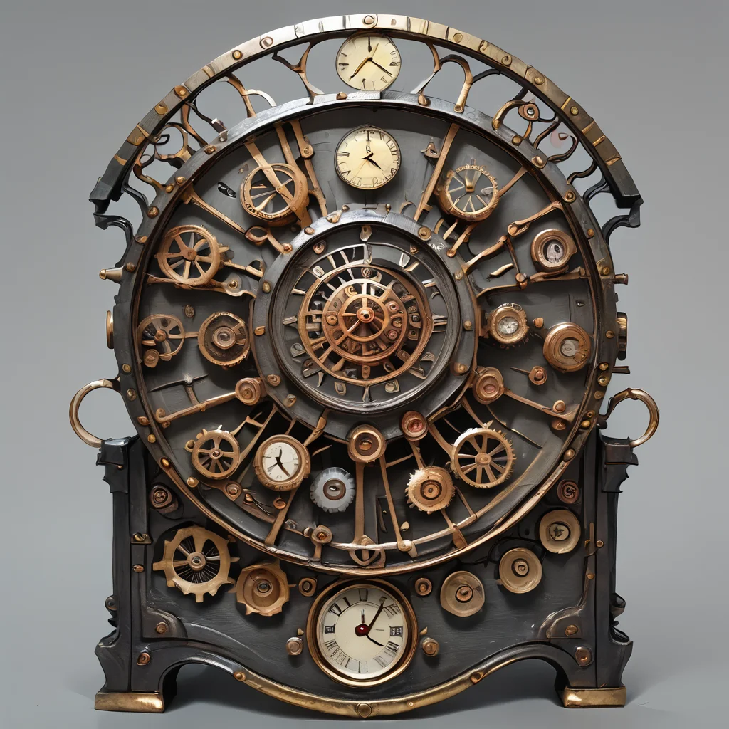 score_9, score_8_up, score_7_up,BREAK overalldetail, <lora:steampunk:0.8>,
steampunk,magitech,, no humans, simple background, still life, clock, grey background, gears,