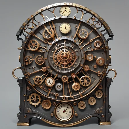 score_9, score_8_up, score_7_up,BREAK overalldetail, <lora:steampunk:0.8>,
steampunk,magitech,, no humans, simple background, still life, clock, grey background, gears,