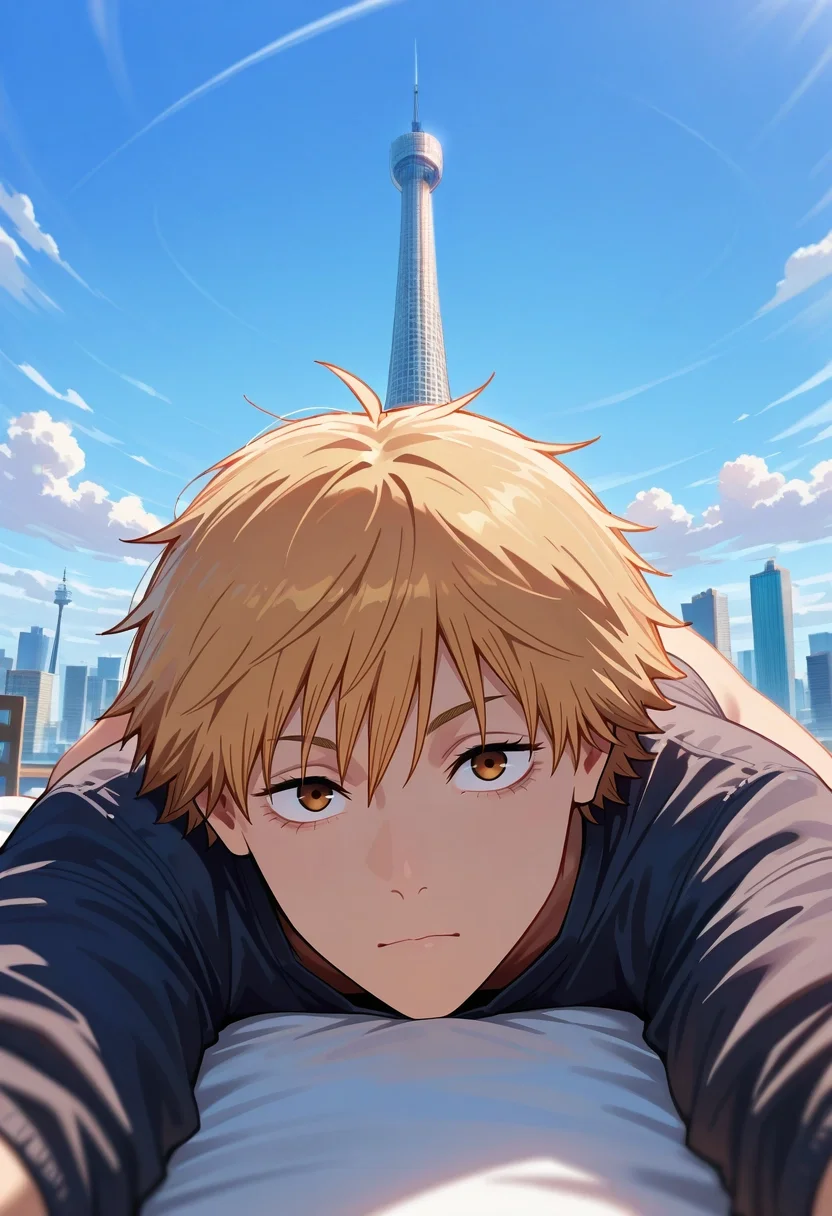 masterpiece, best quality, , , looking at viewer, 1boy, solo, male focus, <lora:denji_chainsaw_man_ilxl:0.96>, denji_chainsaw_man, blonde hair, brown eyes, short hair, bangs, , panorama, skytree, noon, lying, on stomach, relaxed,