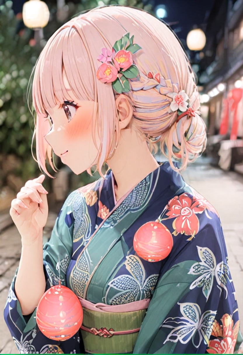 masterpiece, best quality, very aesthetic, absurdres,
mizufusen, 1girl, japanese clothes, solo, glasses, yukata, hair ornament, flower, hair flower, holding, smile, upper body, profile, bangs, sash, floral print, black hair, hand up, obi, blunt bangs, closed mouth, from side, braid, blush, pink flower, green kimono, night, summer, paper lantern, blurry background, 
 <lora:mizufusen_SDXL_V1:1>