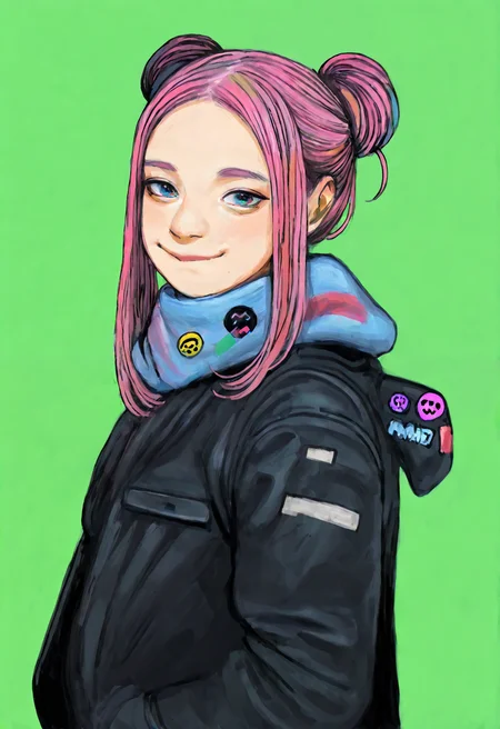sticker, solo, 1girl, looking at viewer, green background, pink hair, simple background, hood, upper body, long hair, blue eyes, smile, biting own lip, double bun, black jacket, scarf, facing to the side,
masterpiece, best quality, amazing quality, absurdres, newest, colored pencil \(medium\),
<lora:warashiz:1>,
<lora:lora:0.5>
