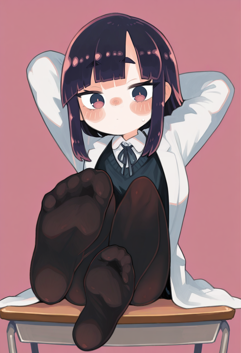 1girl,  petite,  purple hair, medium hair,   blunt bangs,     plump,  
BREAK   1girl, Hands Behind Head, Feet Up On Desk,        
BREAK (goth, goth fashion),              long white labcoat, (pink background),     
BREAK general, ((ino \(tellu0120\):1.05), (kuzuvine:1.1)), masterpiece, best quality, absurdres, highres, newest, <lora:ponyv5_noobV065S_1_adamW:0.7>, <lora:Unstable_v1.0:0.4>