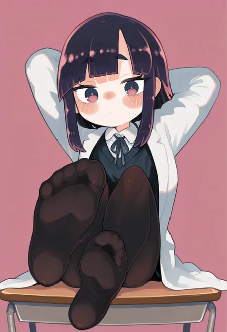 1girl,  petite,  purple hair, medium hair,   blunt bangs,     plump,  
BREAK   1girl, Hands Behind Head, Feet Up On Desk,        
BREAK (goth, goth fashion),              long white labcoat, (pink background),     
BREAK general, ((ino \(tellu0120\):1.05), (kuzuvine:1.1)), masterpiece, best quality, absurdres, highres, newest, <lora:ponyv5_noobV065S_1_adamW:0.7>, <lora:Unstable_v1.0:0.4>