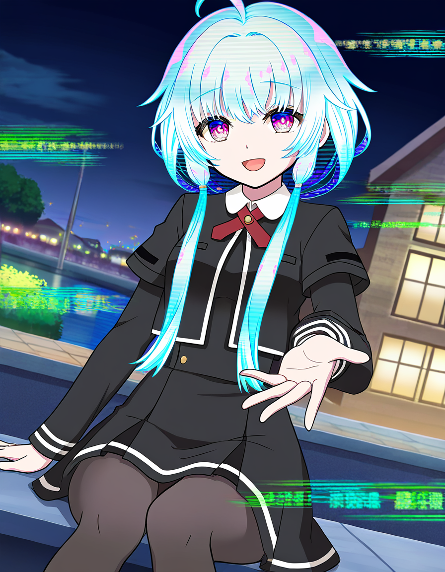 masterpiece, best quality, newest, absurdres, highres, safe, 1girl, sena mikoto \(school uniform\), magia record: mahou shoujo madoka magica gaiden, glitch hair, glitch, solo, sitting, open mouth, outdoors, night, dutch angle, <lora:sena_mikoto_noobaiXLNAIXL_vPred10Version:0.7>