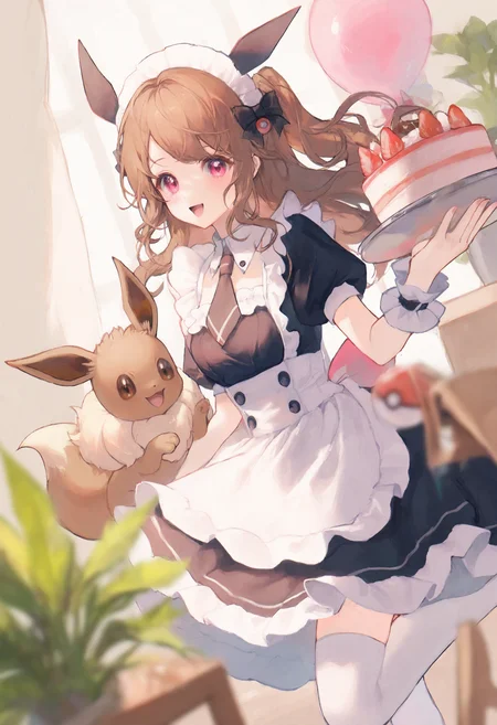 <lora:match2_noob1.1-000190:1>,
1girl, pokemon \(creature\), food, eevee, brown hair, plant, smile, open mouth, maid, cake, maid headdress, dress, animal ears, bow, one eye closed, potted plant, long hair, poke ball, holding, balloon, apron, tray, pink eyes, looking at viewer, thighhighs, wrist cuffs, short sleeves, indoors, :d, black bow, white apron, white thighhighs, plate, table, blurry, rabbit ears, hair bow, frills, necktie, maid apron, holding tray, black dress,
masterpiece,best quality,newest,absurdres,highres,very awa,