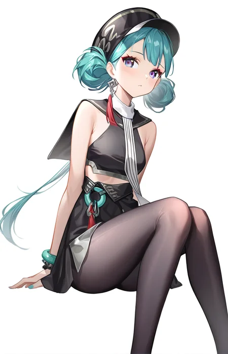 1girl,,black pantyhose,black shirt,double bun,hair bun,looking at viewer,lvxue,necktie,sleeveless shirt,solo,white background,simple background,purple eyes,<lora:lvxue-000014:1>, masterpiece, best quality, very aesthetic, absurdres