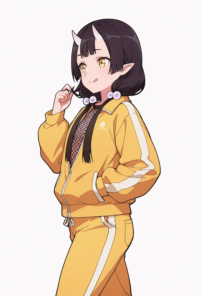 Smooth Quality,masterpiece,very intricate, high quality details, ultra realistic, high detailed skin,detailed enviorement,absurdres,
twirling hair,solo,
<lora:Care_Resumisu_CNR:0.8> care_cnr, 1girl,black hair, pointy ears, long hair, yellow eyes, oni, low twintails, skin-covered horns, bobbles,, simple background, white background, from side,
walking, one hand in pocket, looking aside, casual, confident, ,, mesh shirt, ,windbreaker, ,track pants, ,, :q,