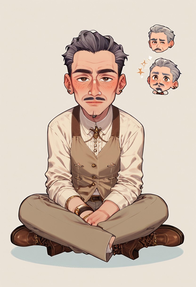 Score_8_up, score_7_up,chibi, full_body,,humans,chibi e_volkarin, mature male, grey hair, short hair, brown eyes, mustache,sitting,gentle,pov,easynegative, <lora:add-detail-xl:1>,