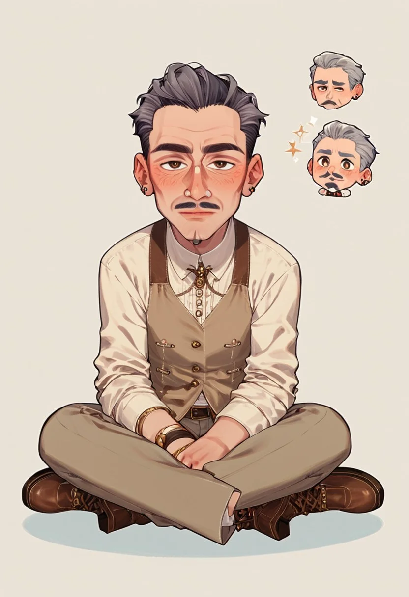 Score_8_up, score_7_up,chibi, full_body,,humans,chibi e_volkarin, mature male, grey hair, short hair, brown eyes, mustache,sitting,gentle,pov,easynegative, <lora:add-detail-xl:1>,