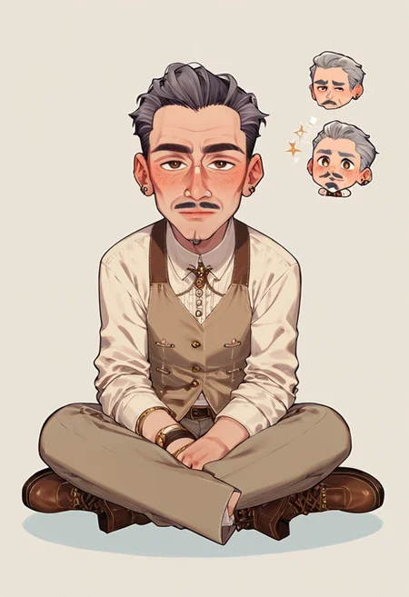 Score_8_up, score_7_up,chibi, full_body,,humans,chibi e_volkarin, mature male, grey hair, short hair, brown eyes, mustache,sitting,gentle,pov,easynegative, <lora:add-detail-xl:1>,