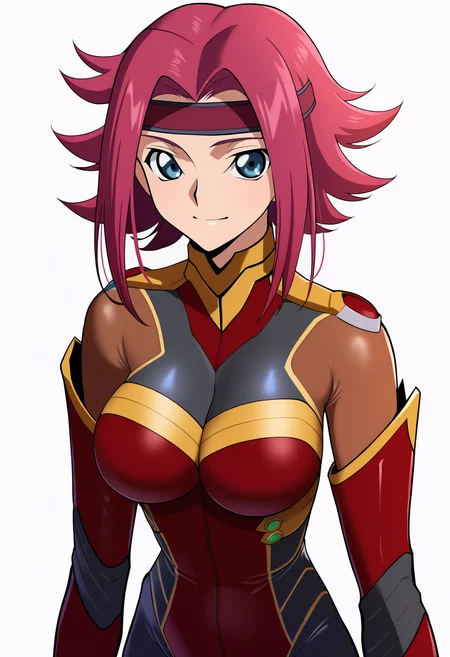 masterpiece, best quality, very aesthetic, absurdres,
1girl, kouzuki kallen, red hair, short hair, blue eyes,
flipped hair, headband,
bodysuit, pilot suit, red bodysuit,
upper body, smile, solo, looking at viewer, simple background, white background, <lora:KallenKouzukiMovieNoobXL_byKonan:1>