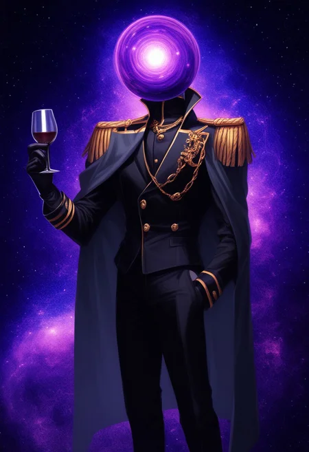 h3ad,object_head,headless,faceless,purple cosmic spiral,
BREAK score_9, score_8_up, score_7_up, male_focus, bishounen, <lora:Uglystyle11a:-1>,
BREAK Detailed clothings, gold embroideries and flower patterns on clothings,
BREAK Looking at the side, holding a glass of wine,
BREAK Black formal military-inspired suit with high collar and fitted long-sleeve jacket, gold buttons, gold epaulettes, cape with purple cosmic interior decors, wearing black leather gloves, matching black and gold trousers with stripes,
BREAK 0ut3rsp4c3, blue and pink gradient behind cape, detailed background,
