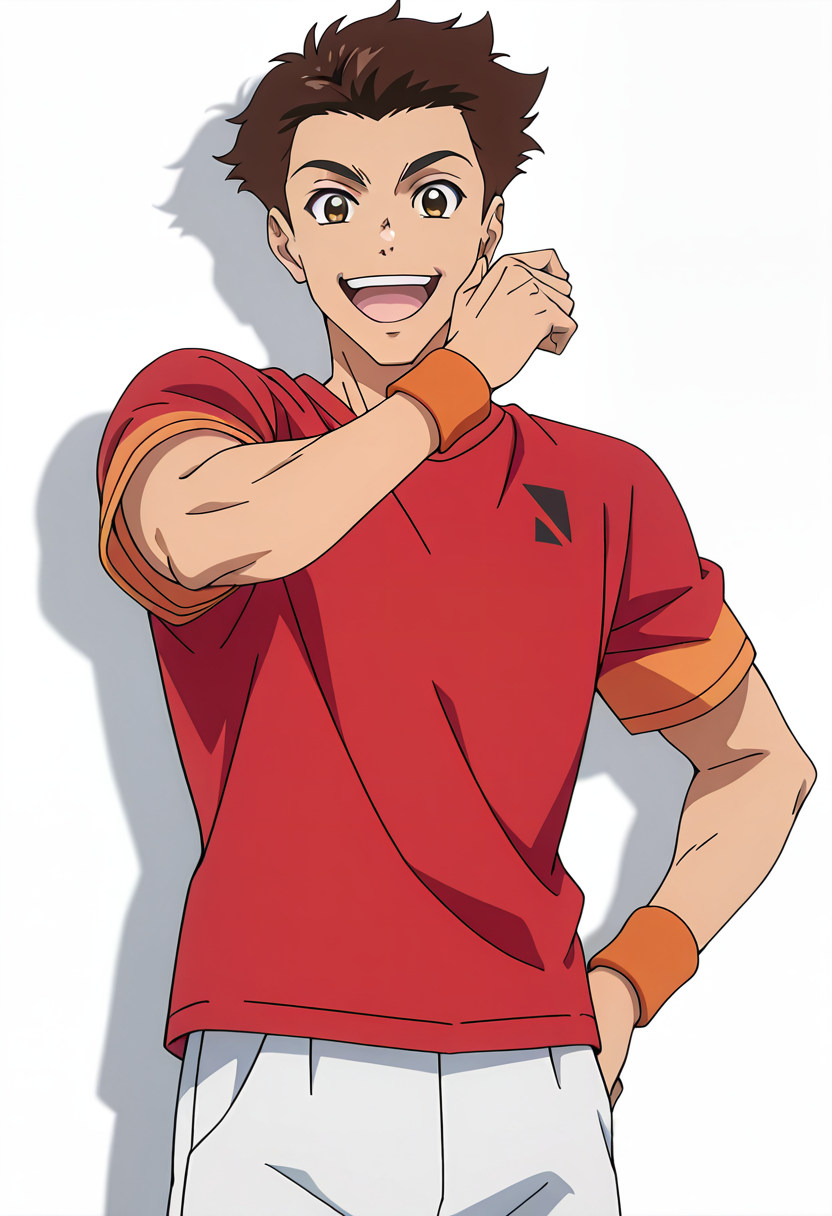 masterpiece, best quality, newest, absurdres, anime screencap, intricate details, good quality, very awa, highres, perfect proportions, perfect eyes, amazing quality, very aesthetic, <lora:Sakaki_Shohei_Love_All_Play.safetensors:1.0>,  1boy, shoh31_sakak1, brown_shoh31_sakak1_eyes, brown_shoh31_sakak1_hair, anime coloring, male focus,  solo, standing, smile, open mouth, looking at viewer, hand on own hip, cowboy shot, wiping face,    red shirt, sportswear, wristband, white shorts,  (white background, simple background), shadow, dynamic action, intricate lighting, intricately detailed illustration, depth of field,