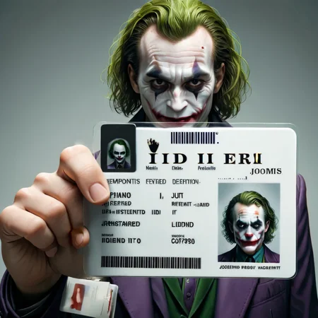 a joker  holding a  id card,<lora:seemycard3:0.85>