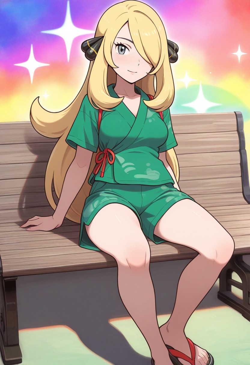 hinosaki, [[leveen]], 2d, masterpiece, best quality, amazing quality, 1girl, solo, multicolored background, sparkle, rainbow background, colorful background, close-up, sitting, on bench , looking at viewer, cynthia \(pokemon\), grey eyes, blonde hair, long hair, hair over one eye, japanese clothes, collarbone, green shirt, short sleeves, red ribbon, green shorts, pocket, sandals, toes, (mature female, grown up, adult body, medium breasts)