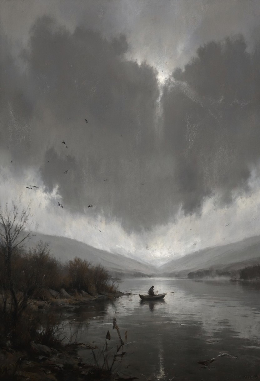 An expansive, monochrome vista of a misty river where the human figure is a minute presence. The solitary fisherman, barely discernible, is a tiny silhouette in his small boat, positioned in the lower third of the frame. The vast river dominates the scene, its surface fading into an impenetrable grey mist that swallows the distant banks. A few dark, almost imperceptible birds punctuate the immense, empty sky above the mist, emphasizing the scale of the landscape. The light is uniformly soft and diffused, intensifying the feeling of isolation and quiet desolation. The atmosphere is profoundly lonely, silent, and vast, highlighting the insignificance of the individual against the immensity of nature. The textures are smooth and indistinct due to the heavy mist, creating a sense of ethereal remoteness. The composition deliberately uses a large amount of negative space, primarily the misty river and sky, to amplify the fisherman's solitude. There are minimal details – perhaps a suggestion of reeds in the extreme foreground – ensuring the focus remains on the overwhelming emptiness and the lone figure within it. The overall impression is one of profound solitude and the stark beauty of a desolate winter scene. This artwork should evoke a feeling of quiet contemplation and the sublime power of nature over humanity.