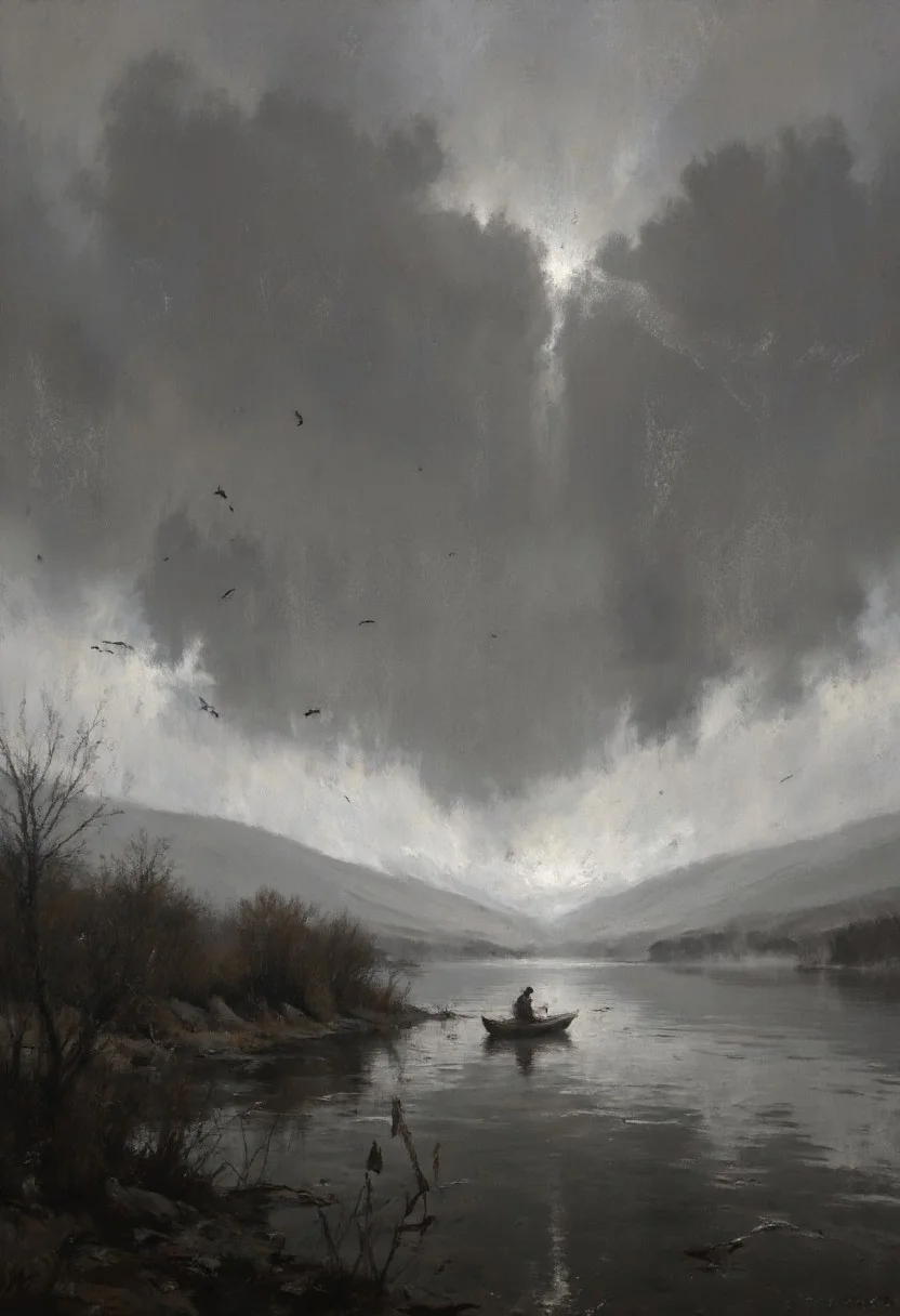 An expansive, monochrome vista of a misty river where the human figure is a minute presence. The solitary fisherman, barely discernible, is a tiny silhouette in his small boat, positioned in the lower third of the frame. The vast river dominates the scene, its surface fading into an impenetrable grey mist that swallows the distant banks. A few dark, almost imperceptible birds punctuate the immense, empty sky above the mist, emphasizing the scale of the landscape. The light is uniformly soft and diffused, intensifying the feeling of isolation and quiet desolation. The atmosphere is profoundly lonely, silent, and vast, highlighting the insignificance of the individual against the immensity of nature. The textures are smooth and indistinct due to the heavy mist, creating a sense of ethereal remoteness. The composition deliberately uses a large amount of negative space, primarily the misty river and sky, to amplify the fisherman's solitude. There are minimal details – perhaps a suggestion of reeds in the extreme foreground – ensuring the focus remains on the overwhelming emptiness and the lone figure within it. The overall impression is one of profound solitude and the stark beauty of a desolate winter scene. This artwork should evoke a feeling of quiet contemplation and the sublime power of nature over humanity.