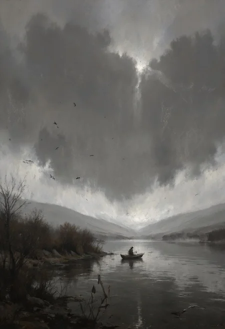An expansive, monochrome vista of a misty river where the human figure is a minute presence. The solitary fisherman, barely discernible, is a tiny silhouette in his small boat, positioned in the lower third of the frame. The vast river dominates the scene, its surface fading into an impenetrable grey mist that swallows the distant banks. A few dark, almost imperceptible birds punctuate the immense, empty sky above the mist, emphasizing the scale of the landscape. The light is uniformly soft and diffused, intensifying the feeling of isolation and quiet desolation. The atmosphere is profoundly lonely, silent, and vast, highlighting the insignificance of the individual against the immensity of nature. The textures are smooth and indistinct due to the heavy mist, creating a sense of ethereal remoteness. The composition deliberately uses a large amount of negative space, primarily the misty river and sky, to amplify the fisherman's solitude. There are minimal details – perhaps a suggestion of reeds in the extreme foreground – ensuring the focus remains on the overwhelming emptiness and the lone figure within it. The overall impression is one of profound solitude and the stark beauty of a desolate winter scene. This artwork should evoke a feeling of quiet contemplation and the sublime power of nature over humanity.