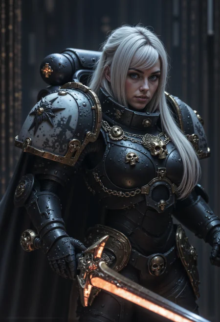 BlackT40k, female space marine wearing a chined power armor with a hood, her long hair is white, she's holding a glowing sword, <lora:FluxBlackT40k:1> <lora:aidmaHyperrealism:0.5> aidmaHyperrealism