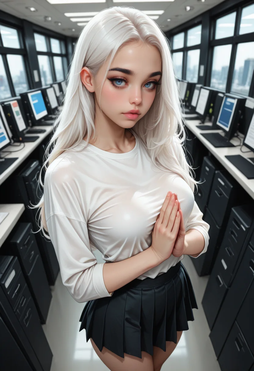 8K, depth of field, focused subject, dynamic angle, sexy pose, best quality, detailed eyes, perfect eyes, realistic eyes, white hair, long hair, blue eyes, thick eyebrows, black eyebrows, mascara, makeup, pink lips, full lips, fit body, small ass, medium breast, realistic breast, BREAK, 
pleated skirt, blush, front view, praying, (standing:1.3), 
movie perspective, white shirt, long shirt, office interior, black skirt, hands back, looking at viewer, looking down, dynamic angle, artist:moriimee
 <lora:MoriiMee_Gothic_Niji_Style_Illustrious_r1:0.6>,
 <lora:PowerPuffMixLora:0.5>,