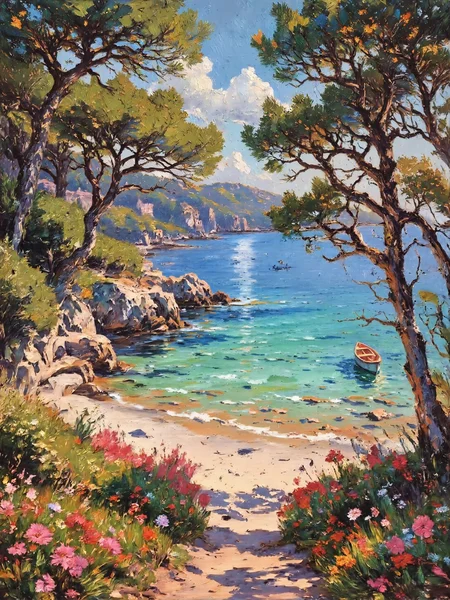 masterful impressionism oil painting, dappled lighting, chiaroscuro, dark corners, a picturesque view of plage de saleccia on corsica, framed by tall, graceful pine trees on either side of the composition, their trunks reaching upward, their vibrant green treetops arching over the top of the painting to create a natural canopy, in the middle of the image, the pristine sandy beach curves gently toward the crystal-clear turquoise waters of the mediterranean, the soft white sand glows under the afternoon sunlight, with patches of shadow cast by the pine trees. the beach and sky are nestled within the frame of the trees, drawing the viewerâs eye toward the central scene, above the beach, the sky features soft, billowing clouds illuminated by the golden afternoon light, their edges glowing with warm highlights, contrasting with the deep blue expanse of the sky. the interplay of light and shadow is vivid and dynamic, the sunlight filters through the pine canopy, creating dappled light patterns on the sand, the tranquil waters of the mediterranean shimmer with subtle gradients of blue and green, reflecting the vibrant sky and clouds above. in the foreground, the pine trunks and their textured bark add an earthy, tactile element, while the treetops provide a lush, natural frame, in the distance, rugged, sunlit hills rise behind the beach, adding depth and context to the scene, the gentle waves lap against the shore, leaving intricate patterns in the wet sand, a small boat drifts near the shore, adding a sense of serenity. the scene evokes a tranquil summer afternoon, with the framing pines creating an intimate yet expansive perspective, their lush foliage blending harmoniously with the vibrant beach and sky, the golden-hour lighting enhances the warmth and charm of the composition. oil on canvas, classic impressionist style, warm and cool tones expertly balanced to emphasize light, texture, and atmosphere, the fluid, expressive brushstrokes capture the natural elements, the composition places the viewer beneath the canopy of the trees, looking outward at the idyllic beach and sea, the interplay of sunlit patches and cool shadows enhances the serene, idyllic mood, picturesque wildflowers on either side add some color to the foreground, impressioniststrokes,
<lora:style-impressionist_strokes-flux-by_daalis:1.0>
<lora:image_upgrade-flux-by_zeronwo7829:1.0>