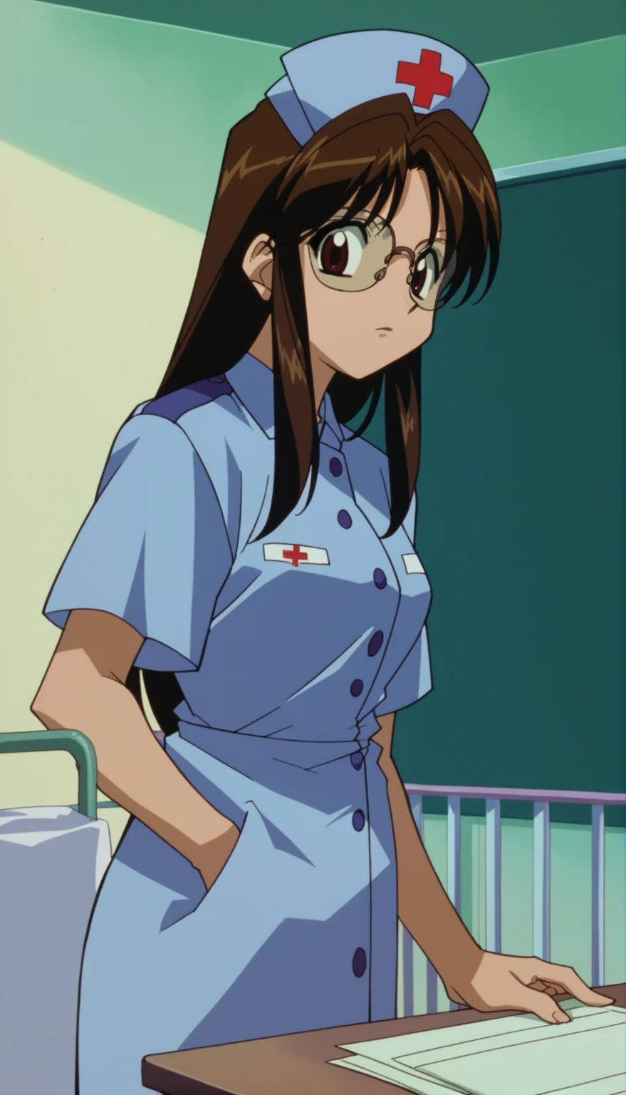 score_9,score_8_up,score_7_up,Nikaido Yoriko Pony,1990s \(style\),1girl,solo,glasses,brown hair,brown eyes,long hair,nurse,<lora:Nikaido Yoriko Pony:0.9>,hospital,:d,cowboy shot,