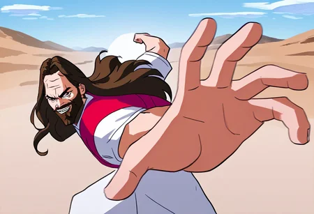 score_9, score_8_up, score_7_up, source_anime, 1girl, IncrsPunchMeme, incoming punch, <lora:PepePunchMeme_XLPD:1>, smirk, Jesus // Ethereal Snake, beard. long hair, fighting motion blur, desert in background, beaming light from sky