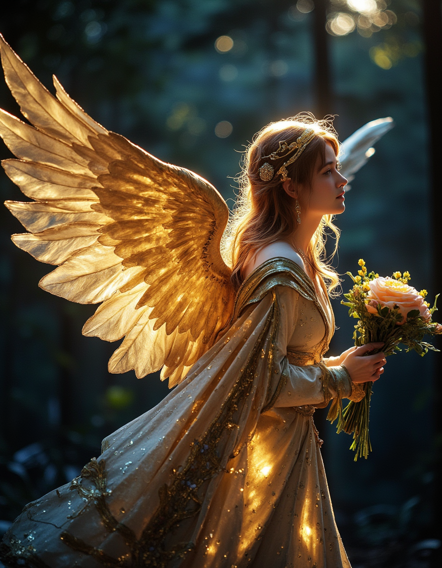 <lora:MW_Minis01flux:1> mwm01, cinematic, majestic, fantasy, T10, gold, blue, bokeh, photo of a gold, black, T2, beautiful angel