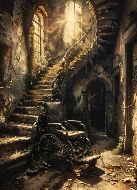 ruined staircase,(wheelchair in the foreground:1.4),sunlight,style of Matthias Haker,<lora:tbh168-sdxl:0.7>,<lora:The_Dark_Side_Of_The_Future:0.7>,