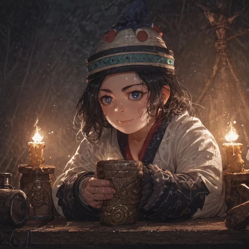 score_9, score_8_up, score_7_up,
enonoka, blue eyes, short hair, black hair, ainu clothes, ainu hat, in a tent, shiny skin, wet skin, leaning forward, cleavage, small breasts, eye contact, long hair, light smile, moody lighting, standing and holding drinks, suggestive pose, bottles, dim lighting, candle light, medieval fantasy, perfect quality, high quality, photorealistic, sitting BREAK dark and orange hue, (abstract:0.2)