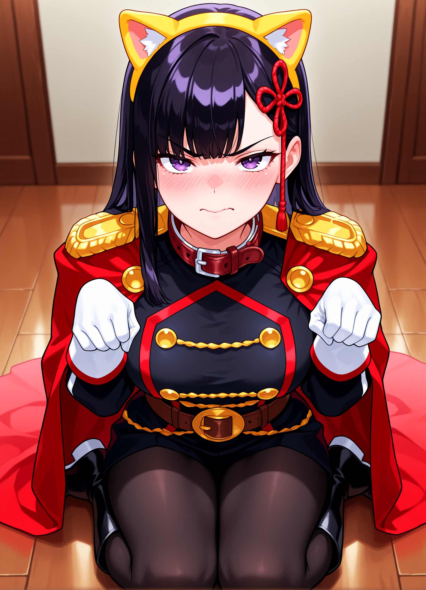 1girl,<lora:renyama_v2_sn75:1>, rrenyama, hair ornament, black military uniform, white gloves,  brown belt, epaulettes, red cape, pantyhose, boots, 
paw pose, scowling, embarrassed, red collar on neck, doggy ear headband, closed mouth,
indoor background, on the floor, wooden floor,
high resolution, ultra-detailed, absurdres, masterpiece, best quality, good quality, newest,