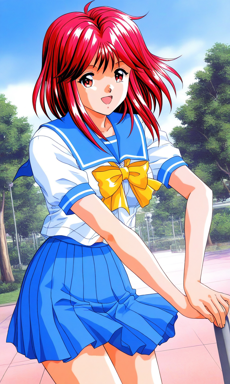 general,highres, ultra-detailed,very aesthetic,best quality ,best hands, BREAK <lora:Asahina_Yuko_Tokimeki_Memorial_IS:1>
Asahina_Yuko(Tokimeki_Memorial), 1girl, solo, red hair, medium hair, red eyes, bangs, sidelocks, breasts, 
blue school uniform, serafuku, jewelry, yellow bow, Yellow bow, blue skirt, blue sailor collar, white shirt,
pleated skirt, short sleeves, outdoor, tree, sky,