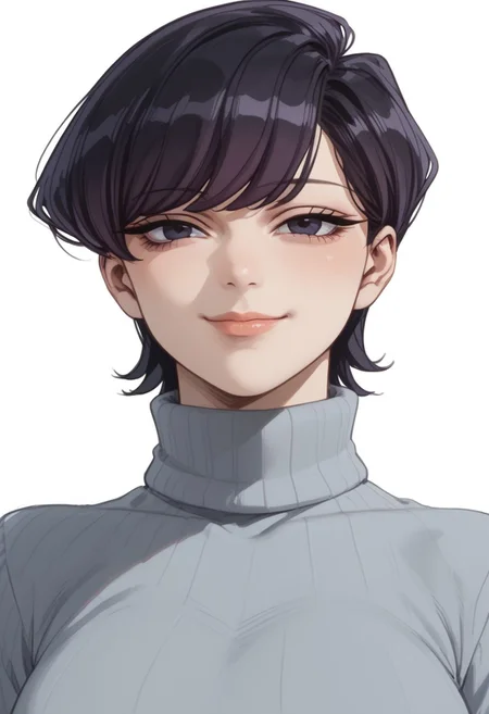 score_9, score_8_up, score_8, score_7_up, score_7, ((close up)), face focus, Expressiveh
BREAK
1girl, solo, shuuko komi, short hair, black hair, black eyes, half-closed eyes, large breasts, looking at viewer, head tilt, seductive look, aroused, horny, standing, pale blue turtleneck sweater, light smile
BREAK
white background