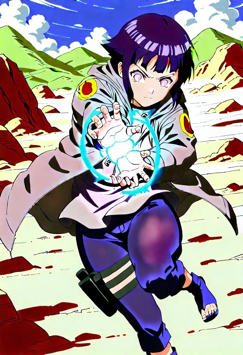 score_9, score_8_up, score_7_up 
   , masterpiece, beautiful,1 girl, wide hips, dress, Kamehameha-Trow,SHARP laser beam,energy beam out of hands moving forward,outstrecthed arms, claw gesture,hinatagenin, grey jacket, blue pants, long pantsthigh holster, toeless footwear, rocky field,