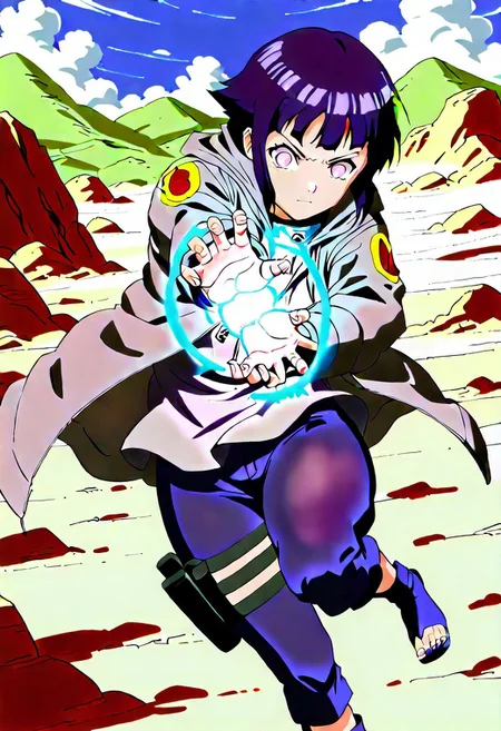 score_9, score_8_up, score_7_up 
   , masterpiece, beautiful,1 girl, wide hips, dress, Kamehameha-Trow,SHARP laser beam,energy beam out of hands moving forward,outstrecthed arms, claw gesture,hinatagenin, grey jacket, blue pants, long pantsthigh holster, toeless footwear, rocky field,