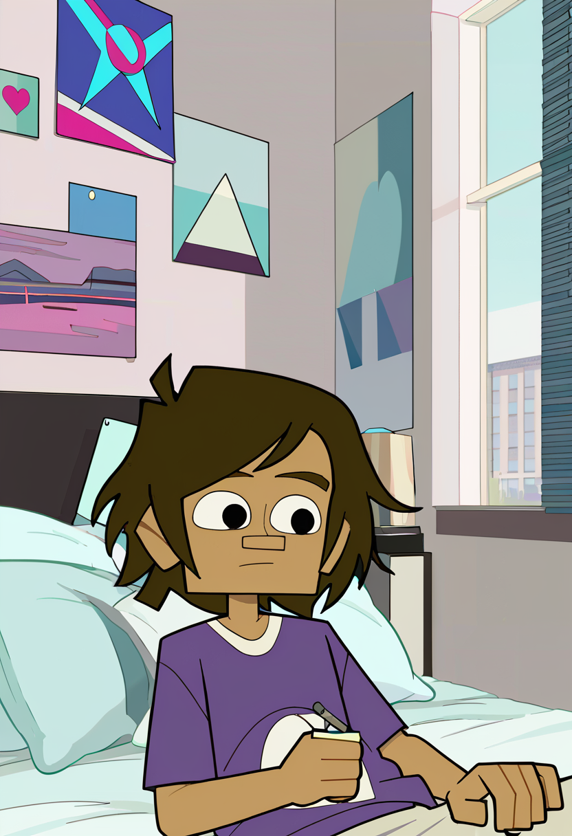 <lora:TwelveForever_Todd_Pony:0.9>, todd \(regular\), on bed, :o, todd, twelve forever, 1boy, solo, short hair, black eyes, penthouse apartment, masterpiece, best quality, score_9, score_8_up, score_7_up