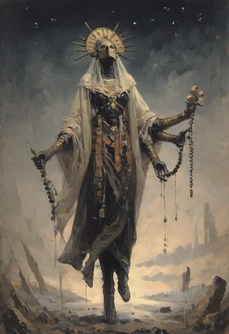 ((score_9, score_8_up, score_7_up)), (high contrast), (flat shapes), vertical lines, oil painting, realistic, grimdark, An enigmatic figure of an old god, (golden mask), white skin, covered in coins, holding balancing scales, metallic, ((jewelry)), ((dangling beads:1.2)). Ancient mystique. multiple limbs, gesturing hands, bare feet. surreal background, under a dark starry sky. The style of a vintage, high-contrast setting. Emphasize theatrical elements, extreme contrast of bright colors against dark, moody backgrounds, ph4nt0m01l, , style-empire, hand