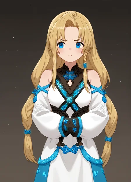 (score_9, score_8_up, score_7_up, score_6_up, score_5_up), t00nstyl3,
<lora:blony-pony-2:1> blonde hair, parted bangs, forehead, long twin braids, long side bangs, blue hair tie, blue eyes, blony costume, forget-me-not waist strap,
(Drooped eyebrows, downturned corners of the mouth, possibly a slight frown),
(Slumped shoulders, head slightly bowed, hands in pockets or crossed arms, perhaps standing alone in a desolate or empty space),
<lora:TCD-SDXL-LoRA:1> <lora:t00nstylev1PonySDXL:1> <lora:feet_anime_xl_v1c:0.5>