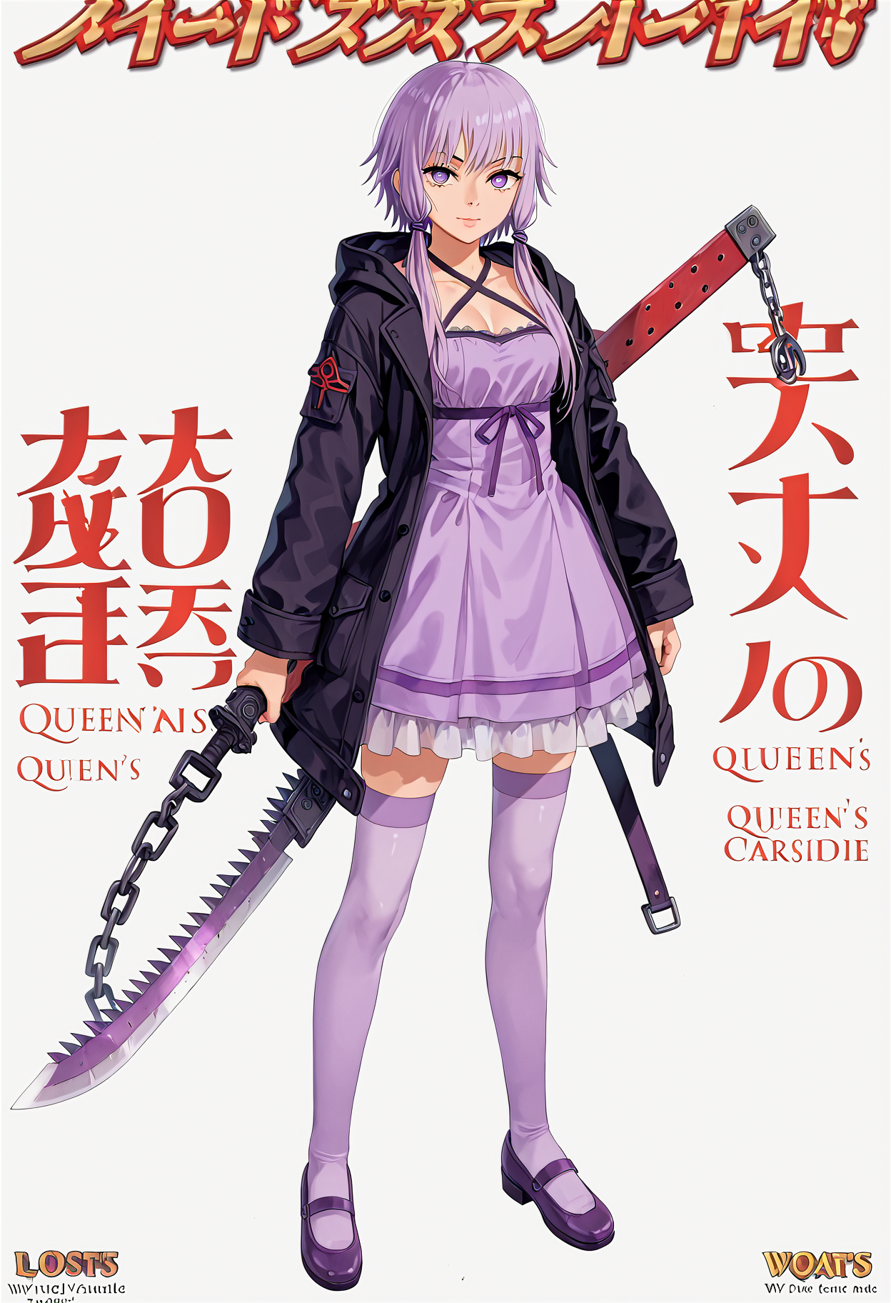 <lora:1_QB_Title_PONY_V1:1>(qb_title:1.2), (Title logo:1.2), Title Text,  cover,  zoom layer, Multi-layer, character name, author name, copyright name, watermark, simple background, white background, book cover,  game cover,
1girl, solo, (full body), long shot, afterimage, look at viewer,
weapon, armor,
((Chainsaw, purple chainsaw,))
<lora:YuzukiYukari_MMD_V1:0.7> yuzuki yukari, purple eyes, short hair with long locks, purple hair, hair ornament,
black criss-cross halter, purple dress, purple thighhighs, black jacket, hooded jacket, long sleeves,
(nsfw:1), (Uncensored:1), score_9, score_8_up, score_7_up, score_6_up, score_5_up, score_4_up,