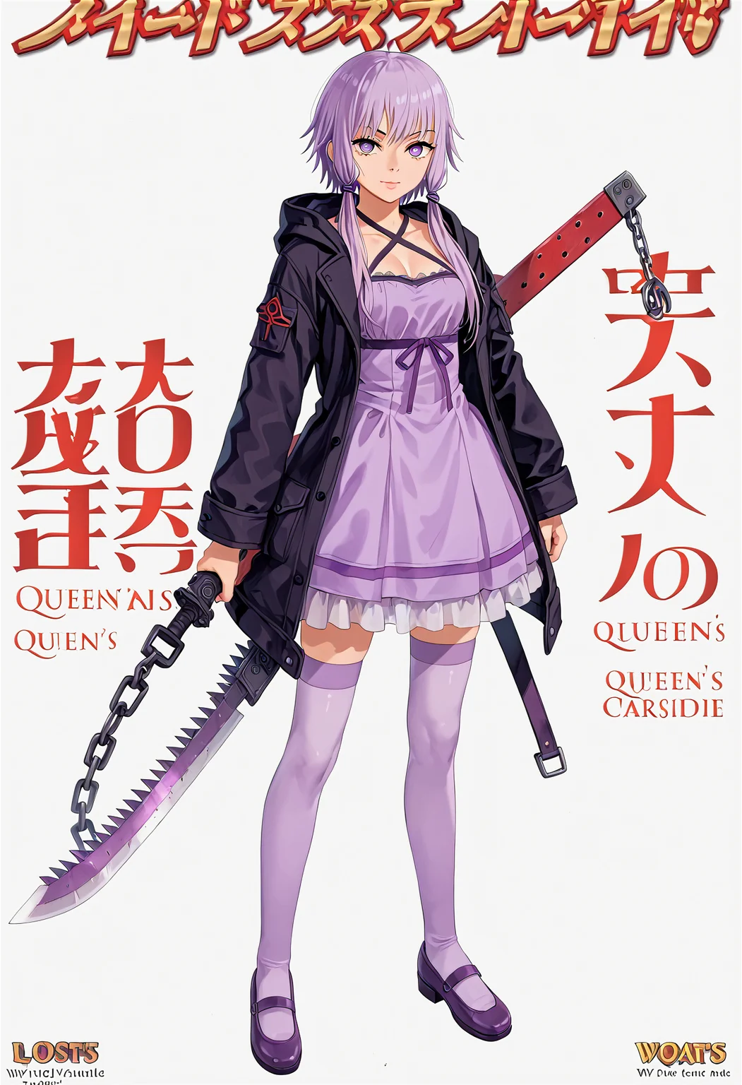 <lora:1_QB_Title_PONY_V1:1>(qb_title:1.2), (Title logo:1.2), Title Text, cover, zoom layer, Multi-layer, character name, author name, copyright name, watermark, simple background, white background, book cover, game cover,
1girl, solo, (full body), long shot, afterimage, look at viewer,
weapon, armor,
((Chainsaw, purple chainsaw,))
<lora:YuzukiYukari_MMD_V1:0.7> yuzuki yukari, purple eyes, short hair with long locks, purple hair, hair ornament,
black criss-cross halter, purple dress, purple thighhighs, black jacket, hooded jacket, long sleeves,
(nsfw:1), (Uncensored:1), score_9, score_8_up, score_7_up, score_6_up, score_5_up, score_4_up,