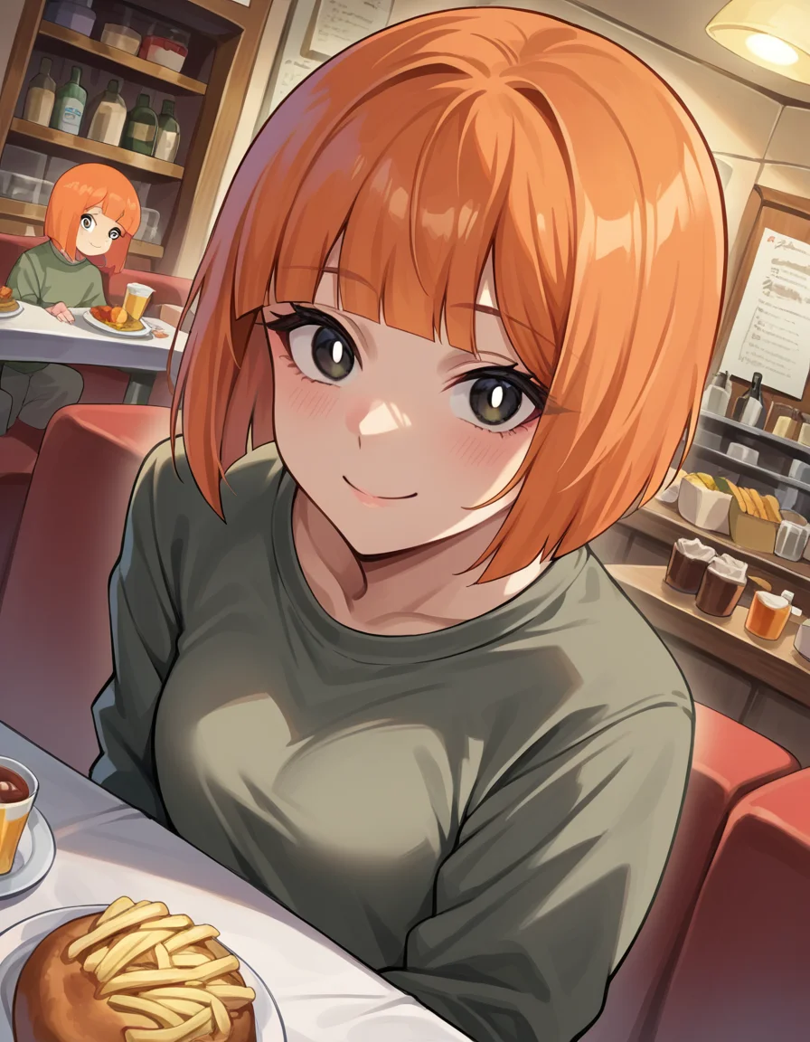 score_9, score_8_up, score_7_up, source_anime,
yorumacmother, <lora:yoru-mac-mother-ponyxl-lora-nochekaiser:1>,
yoru mac, short hair, bangs, black eyes, blunt bangs, orange hair, bob cut, bright pupils, smile,
shirt, long sleeves, pants, sweater, grey pants, black shirt,
indoors, restaurant, bent over,
looking at viewer, dutch angle, cowboy shot,