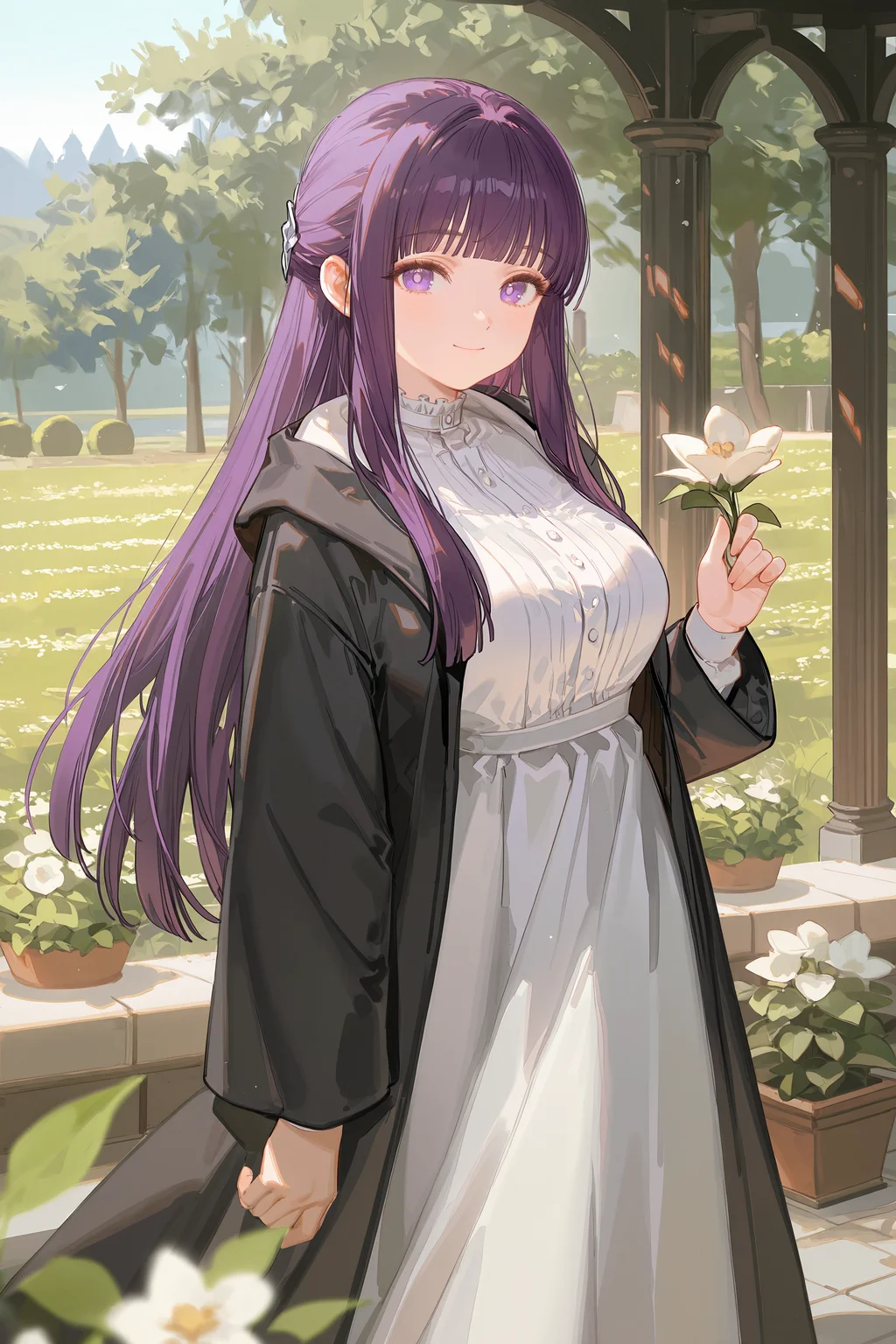 1girl, fern \(sousou no frieren\), solo, large breasts, black coat, long white dress, cowboy shot, standing, looking at viewer, smiling, garden, outdoors, depth of field <lora:Char-Fern-IL-V1:0.8:hr=0.6>, ciloranko, alphonse \(white datura\), ask \(askzy\), gomzi, you shimizu
masterpiece, best quality, amazing quality, very aesthetic, absurdres, newest, (scenery, volumetric lighting), ray tracing, (bloom:1.4), cinematic