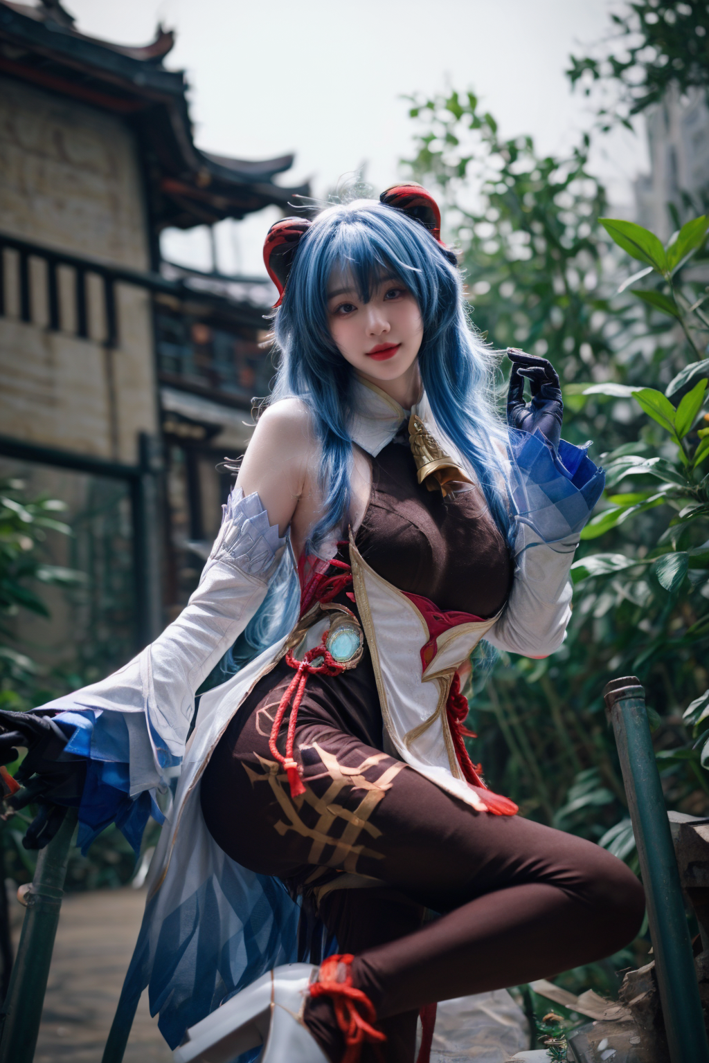 panini projection,one sexy girl, super model,large breasts, hanging breasts, thin waist,(skinny:1.1),
ganyu cosplay costume, cosplay, blue hair, long hair, horns, bangs, ahoge, sidelocks, tight, black bodysuit, body stocking, detached sleeves, gloves, neck bell, chinese knot, tassel, white high heels,
outdoors,Abandoned building,overgrown, 
depth of field, nature light,sunlight,(cinematic lighting), glow lighting,
ethereal, dreamlike quality, epiCPhoto,
<lora:pytorch_lora_weights:0.5>,
<lora:breastsizeslideroffset:0.2>,
<lora:nagachichiD:0.6>,
<lora:picxer_real:0.7>,
<lora:more_details:0.6>,
 <lora:genshin_Ganyu_cosplay_v1:0.75>