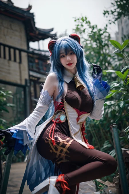 panini projection,one sexy girl, super model,large breasts, hanging breasts, thin waist,(skinny:1.1),
ganyu cosplay costume, cosplay, blue hair, long hair, horns, bangs, ahoge, sidelocks, tight, black bodysuit, body stocking, detached sleeves, gloves, neck bell, chinese knot, tassel, white high heels,
outdoors,Abandoned building,overgrown, 
depth of field, nature light,sunlight,(cinematic lighting), glow lighting,
ethereal, dreamlike quality, epiCPhoto,
<lora:pytorch_lora_weights:0.5>,
<lora:breastsizeslideroffset:0.2>,
<lora:nagachichiD:0.6>,
<lora:picxer_real:0.7>,
<lora:more_details:0.6>,
 <lora:genshin_Ganyu_cosplay_v1:0.75>