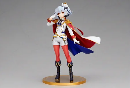 tamakiRoyal, 1boy, dghd, dog hair ornament, hair ornament, blue hair, grey hair, orange eyes, short hair, crown, white gloves, neck ribbon, black ribbon, sleeve cuffs, uniform, red leggings, white jacket, long sleeves, cape, red cape, knee boots, black footwear, fold-over boots, epaulettes, aiguillette, armband, white shorts, white belt,